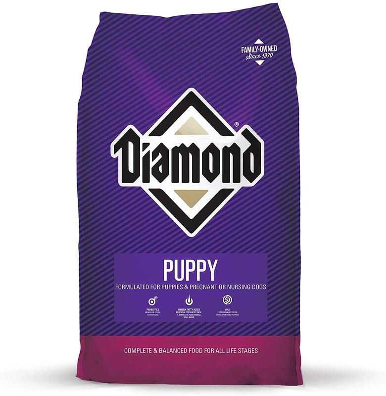 Purple bag of puppy food with the Diamond brand logo
